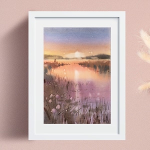 Lake at sunset Original watercolor painting