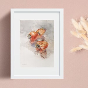 Persimmon painting Original watercolor still life Fruit wall art