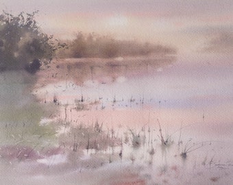 Misty Sunrise over The River — Original Watercolor Painting