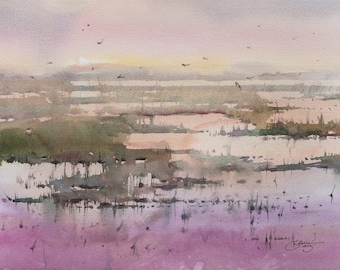 Sunset over the Texas wetlands Original watercolor painting