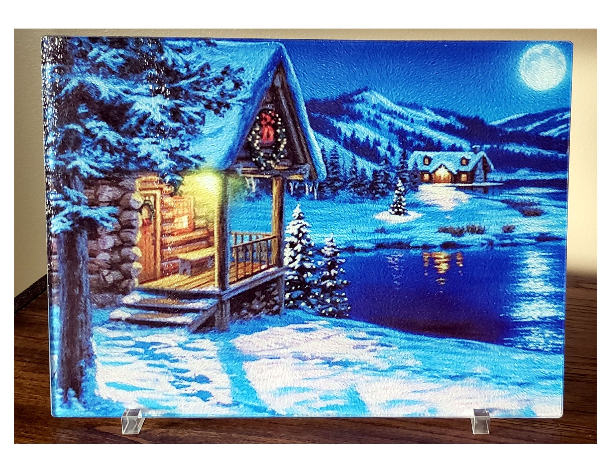 Glass Cutting Board Log Cabin By Lake Winter Country Snowy Decor