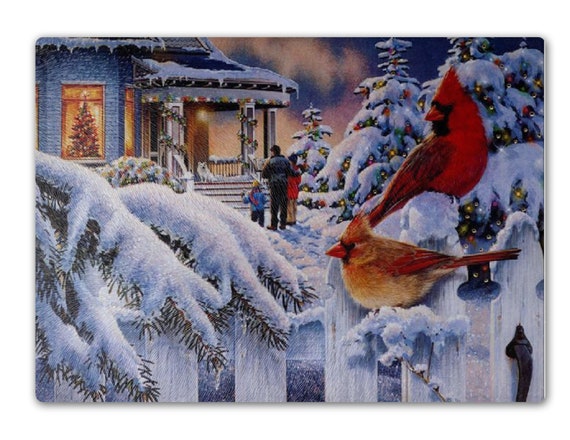 Cardinal Red Bird Winter Scene, Christmas Glass Cutting Board, Christmas  Party Hostess Gift, Entryway Holiday Decor, Kitchen Winter Decor 