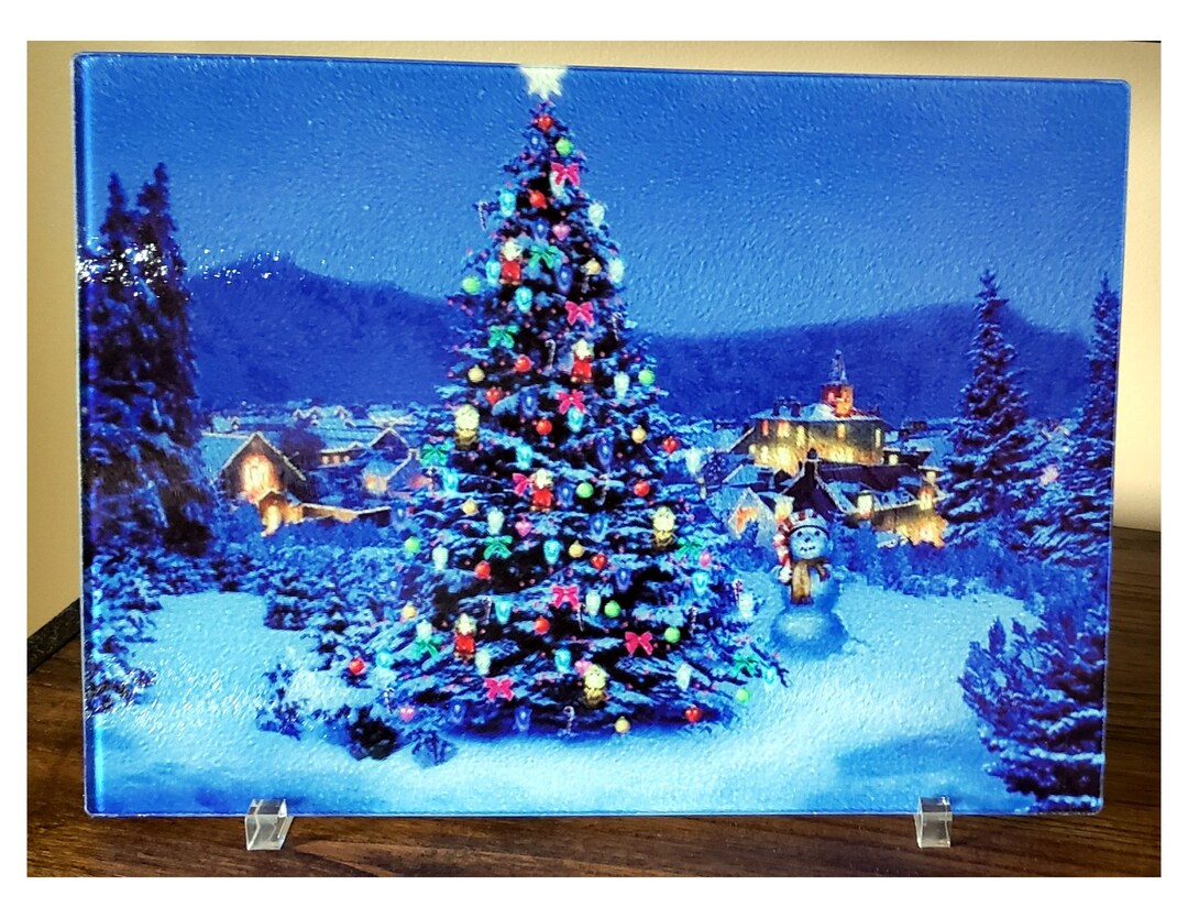 Glass Cutting Board, Christmas Tree Kitchen Decor, Decorative Glass Photo Panel, Counter Top