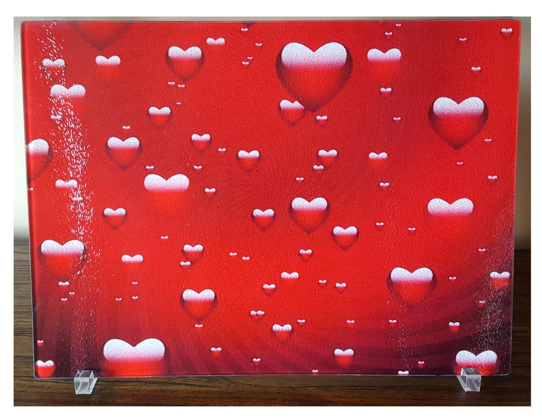Valentine Glass Cutting Board, Red Hearts Decorative Glass Panel