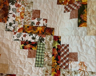 Autumn Log Cabin, Lap Quilt, Twin Quilt, Pumpkins, Autumn Leaves, Plaid