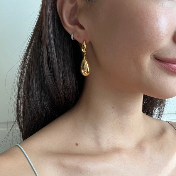 Gold drop earrings-Gold teardrop earrings, gold dangle teardrop earrings, yellow gold drop earrings, gold long earrings, long dangle earring