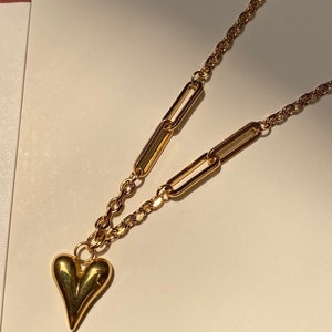 Heart shape pendant necklace, Gold heart necklace, Layering necklace, Filled heart shape necklace, Cute heart charm, Vintage gold chain