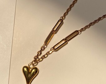 Heart shape pendant necklace, Gold heart necklace, Layering necklace, Filled heart shape necklace, Cute heart charm, Vintage gold chain