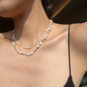 Freshwater pearl necklace, Natural pearl bead choker, White stone pearl necklace, Summer necklace, Pearl natural stone choker, Green stone