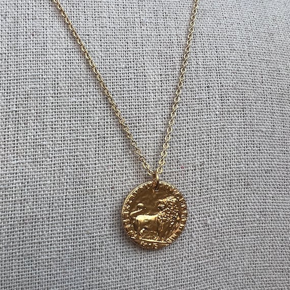 Lion pendant necklace gold pendant necklace gold lion disc necklace layering gold necklace lion coin pendant ancient coin necklace