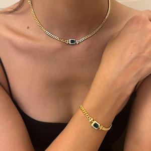 Gold cuban chain choker, Emerald charm necklace, Gold emerald CZ choker, Chunky emerald choker set, Gold emerald bracelet, Curb chain choker