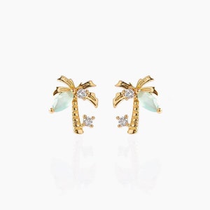 Palm tree stud earrings, CZ stud earrings, Small tree studs, Palm tree studs with cubic zirconia, CZ palm tree studs, Minimal colorful studs