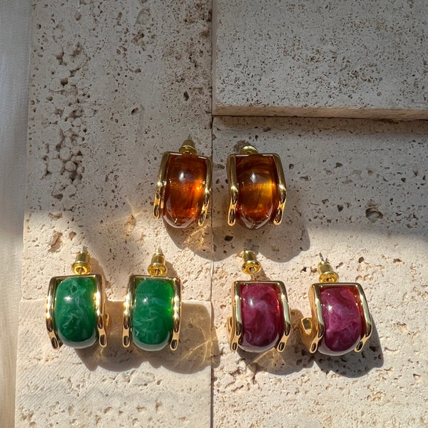 Colorful resin hoop earrings-resin chunky hoops, Everyday gold amber hoops, Lightweight earrings, Green resin hoop earrings,Thick resin hoop