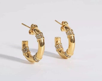 Medium cz hoop earrings- Huggie cz diamond hoops, Second hole earrings, Cubic zirconia hoops, Crystal diamond hoops, CZ vintage hoop, bamboo