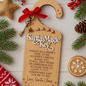 La llave mágica de Papá Noel / Adorno de madera para la puerta / Corte láser / Tradición de Nochebuena / Llave para puertas sin chimenea / Recuerdo navideño para niños