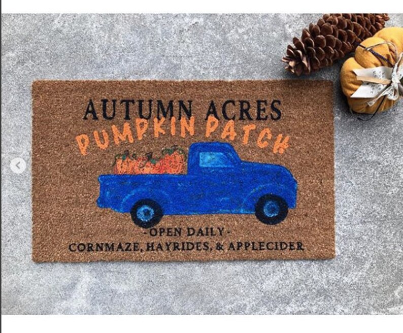 Little blue truckpumpkinpumpkin truckautumnfallfall decorautumn decorcute doormatwelcome matfall seasonpumpkinsvintage truck