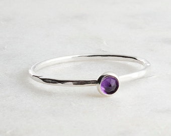 Silver Ring, Amethyst Shiny Round Wire Ring, Stacking Ring, Stone Ring, Minimalist Ring, Stackable Ring, Modern Ring, Birthstone Jewelry