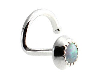 925 Sterling Silver Nose Stud, Screw Shaped Nose Rings, 20G Nostril Solid 3mm White Opal Nose Piercing for Women