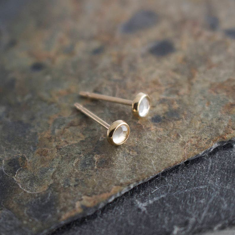 Gold Stud Earrings White Topaz Stone Dainty Minimalist Earrings, Stud Earrings, Gold Studs, Handmade Earrings, 3mm image 7