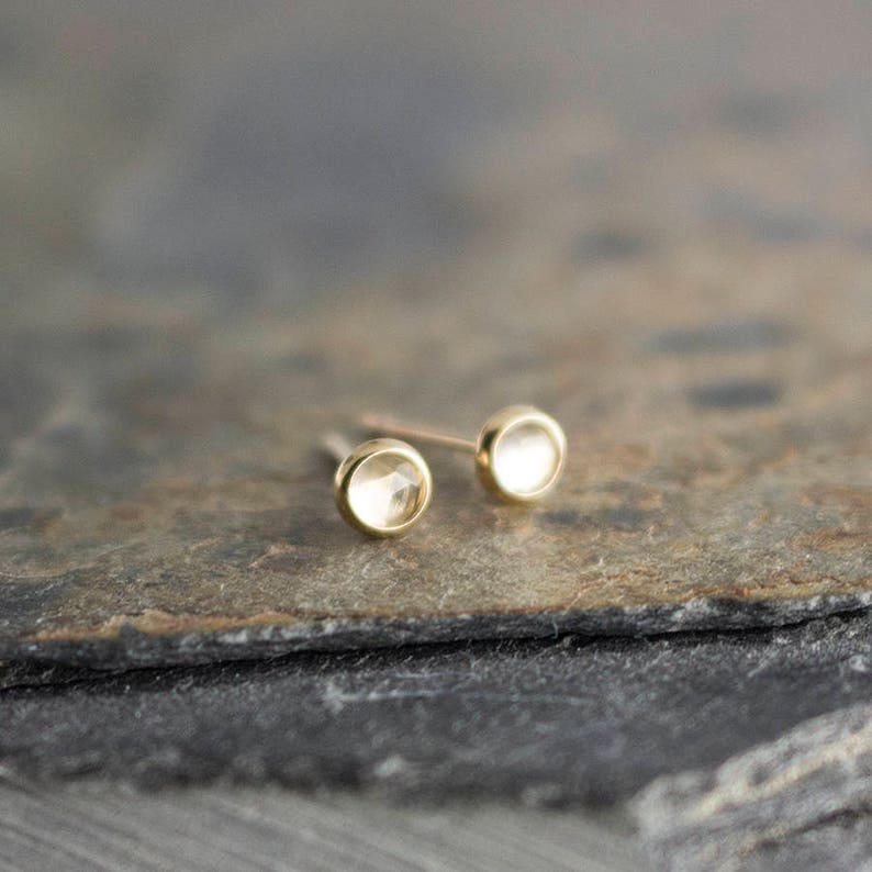 Gold Stud Earrings White Topaz Stone Dainty Minimalist Earrings, Stud Earrings, Gold Studs, Handmade Earrings, 3mm image 8