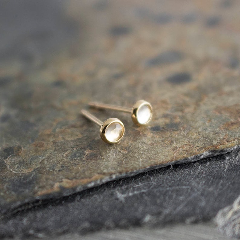 Gold Stud Earrings White Topaz Stone Dainty Minimalist Earrings, Stud Earrings, Gold Studs, Handmade Earrings, 3mm image 1