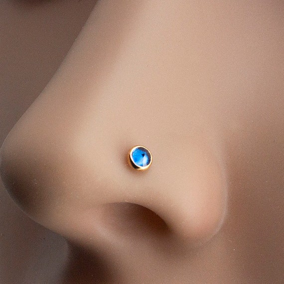 Solid 14KT Yellow Gold 2mm Arctic Blue Cubic Zirconia Nose Ring