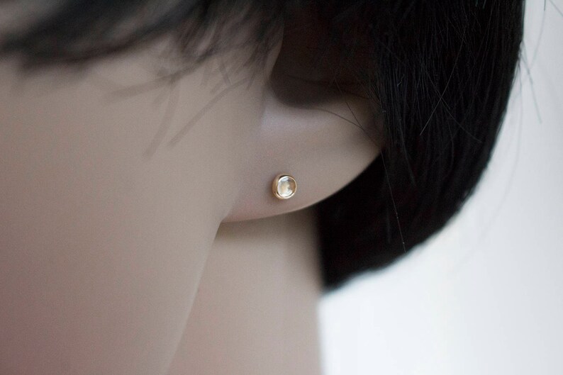 Gold Stud Earrings White Topaz Stone Dainty Minimalist Earrings, Stud Earrings, Gold Studs, Handmade Earrings, 3mm image 6