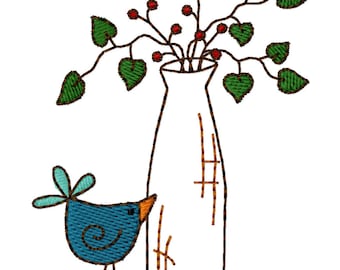 Vase Bird Machine Embroidery Design