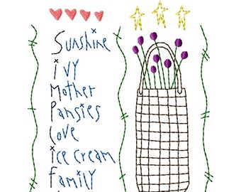 May include: Embroidered artwork featuring a basket filled with purple flowers, surrounded by stars and hearts. The text reads "Sunshine, Ivy, Mother, Pansies, Love, Ice Cream, Family, Youth".