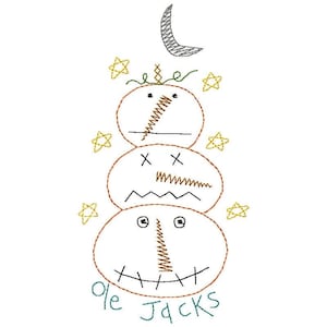 May include: A stack of three brown pumpkins with stitched-on faces. The top pumpkin has a stitched-on mouth and eyes. The middle pumpkin has stitched-on eyes and a stitched-on mouth with a jagged line. The bottom pumpkin has stitched-on eyes and a stitched-on mouth with a stitched-on nose. The pumpkins are surrounded by yellow stars and a crescent moon. The text "Ole Jacks" is stitched below the pumpkins.