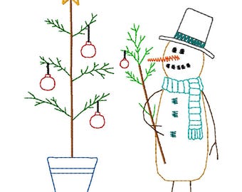 Diseño de bordado a máquina de muñeco de nieve sosteniendo un árbol