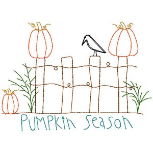 May include: An embroidered design of a fence with two pumpkins on either side and a black bird perched on top. The text "Pumpkin Season" is written below the fence.