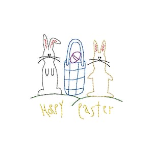 May include: Two cartoon bunnies, one white and one brown, stand on a green hill with a blue basket between them. The basket has a purple egg inside. The text "Happy Easter" is written in yellow below the bunnies.