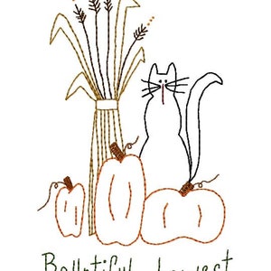 May include: A black cat with a long tail sits next to three orange pumpkins. A vase with brown stalks of wheat sits behind the pumpkins. The text "Bountiful harvest" is written below the pumpkins.