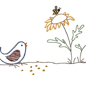 Peut inclure: Un oiseau bleu avec des rayures brunes sur la poitrine est perché sur le sol, regardant une fleur jaune avec une abeille dessus. Il y a de petits points jaunes éparpillés autour de l'oiseau.
