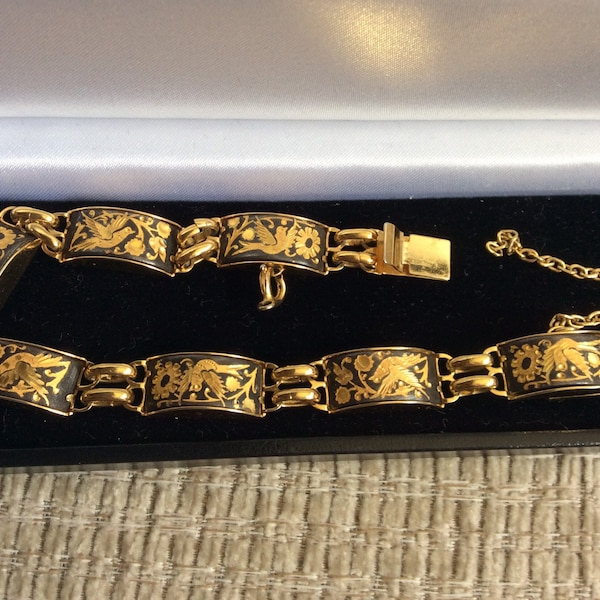 Bracelet de panneau articulé vintage espagnol Damascène, design noir et doré