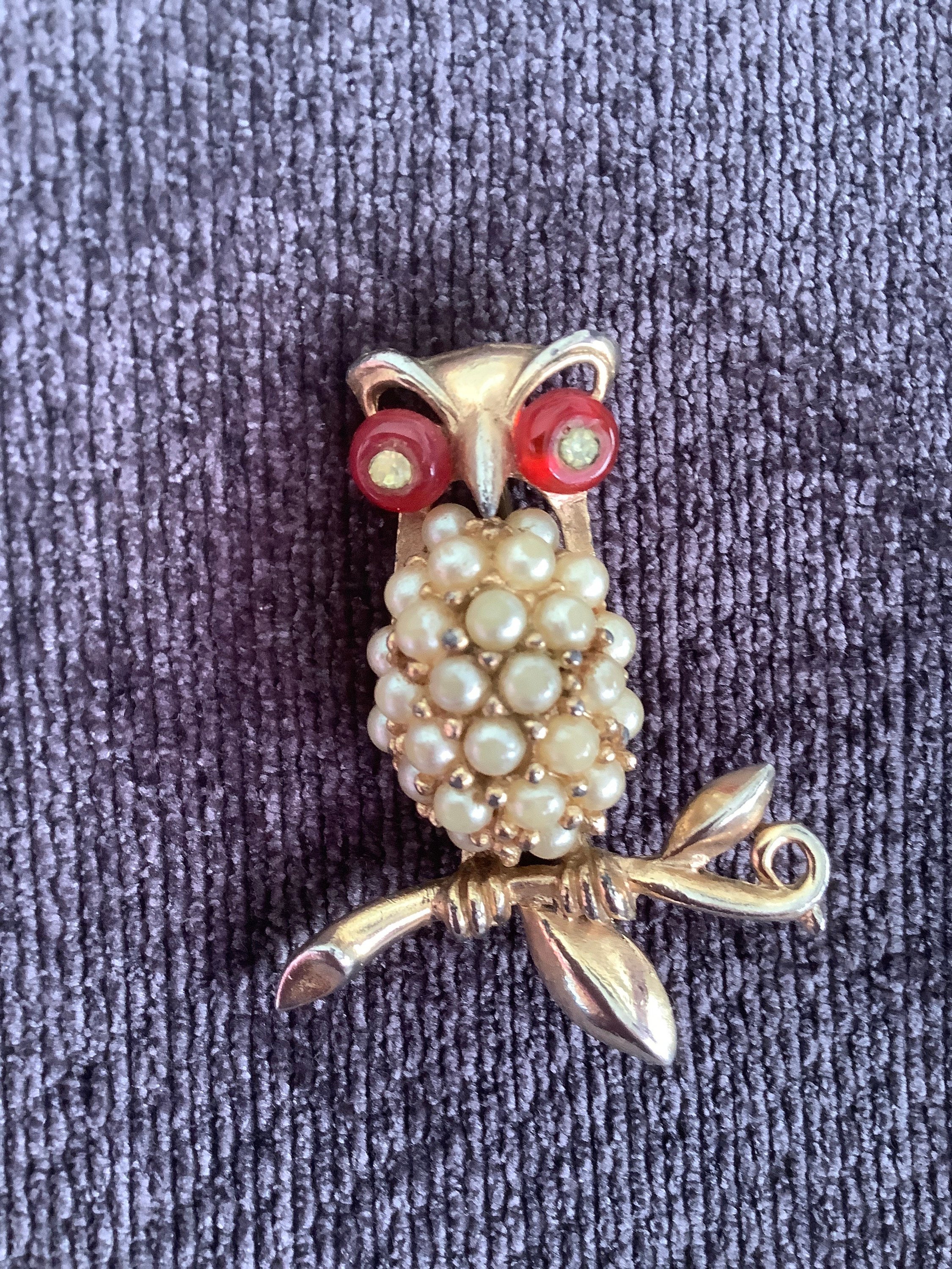 Vintage Goldtone Owl Brooch, Red Glass Bead Eyes and Pearl Bead Detail, Unsigned.
