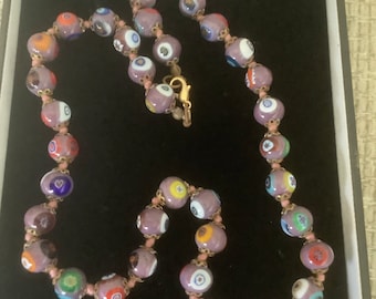 Collier Perles De Verre Murano Vert Et Mauve - Sublime Et En Parfait état - Occasion