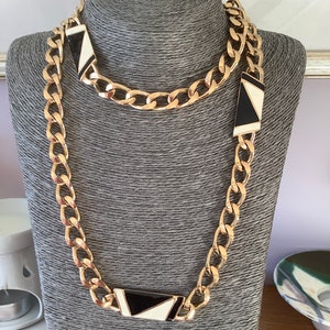 Statement Vintage Signed Monet Gold Tone Heavy Chain Necklace with Black and Cream Enamel Links.