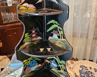 Japanese Lacquer Foldable Corner Shelf Stand Hand Painted
