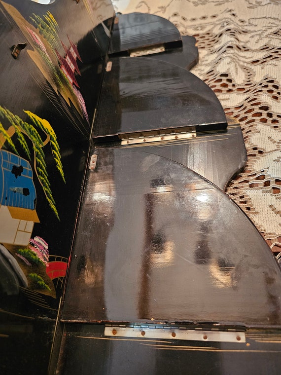 アンティーク Folding Glass Japanned Top Stand Japanese Lacquer Foldable Corner Shelf Stand Hand Painted