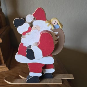 Vintage Christmas Wooden Santa Claus on Skiis Snow Shoes Decor