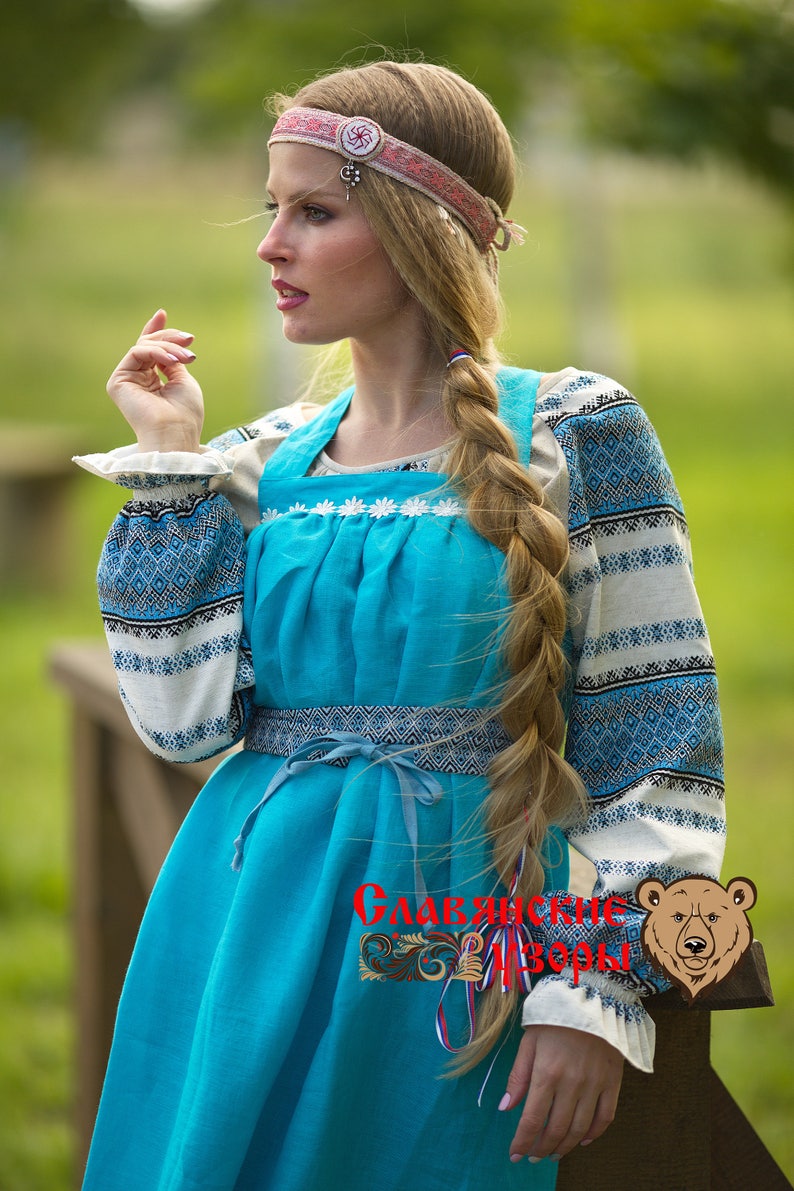 Traditional russian blue sarafan Slavic dress linen dress | Etsy
