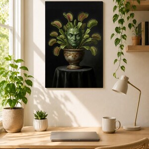 May include: A rectangular wall art print featuring a green, human-like face emerging from a decorative, ornate pedestal planter filled with multiple Venus flytrap plants. The background is solid black, contrasting with the green foliage.