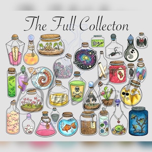 May include: A collection of 20 colorful glass bottles with various designs and contents. The bottles are arranged in a circular pattern and labeled "The Full Collection".