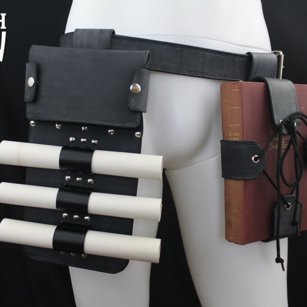 Leather wizard set: belt, purse with scrolls and phials, book holder; potions, elixirs, larp fantasy, alchemy, cosplay