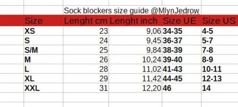 May include: Sock blocker size guide with measurements in centimetres and inches, European and US sizes.  The chart shows sizes XS through XXL with corresponding length measurements.