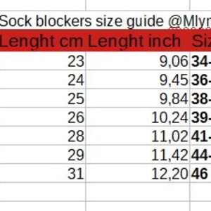 May include: Sock blocker size guide chart with measurements in inches and centimeters. The chart shows the corresponding US, EU, and sock length sizes for XS, S, S/M, M, L, XL, and XXL.