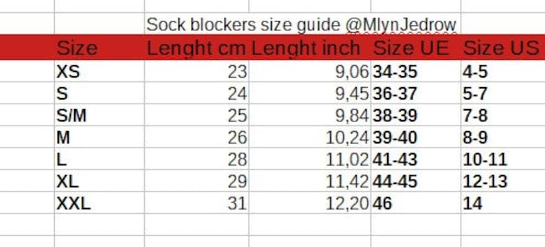 May include: Sock blocker size guide chart with measurements in inches and centimeters. The chart shows the corresponding US, EU, and sock length sizes for XS, S, S/M, M, L, XL, and XXL.