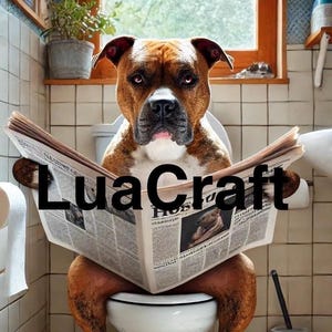 Staffordshire Bull Terrier (Pit Bull) Reading the Newspaper on Toilet